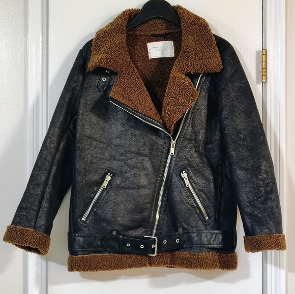 ZARA $170 Textured Shearling Moto Jacket Women's XS (Runs Large) Brown & Black - Picture 4 of 10